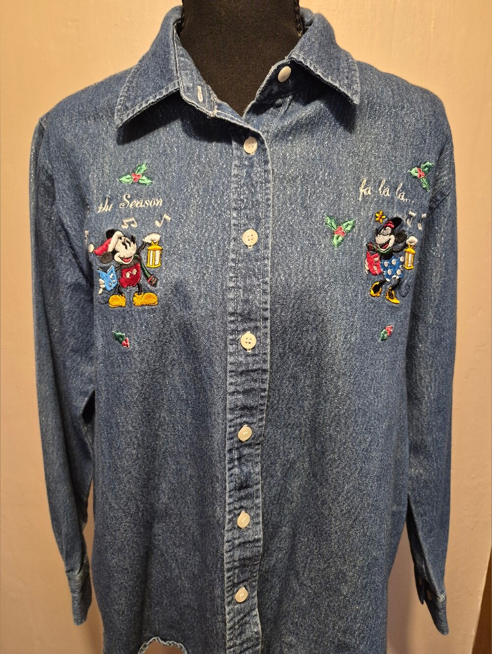 Vtg Disney Mickey Minnie Mouse Christmas Button Up Sparkly Denim Shirt Womens LG